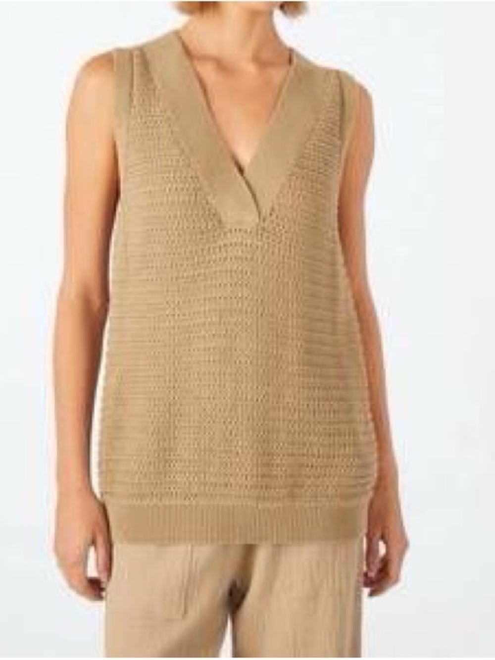 Amo Sleeveless V-Neck Knit Sweater Vest in Tan